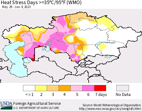Kazakhstan Heat Stress Days >=35°C/95°F (WMO) Thematic Map For 5/29/2023 - 6/4/2023