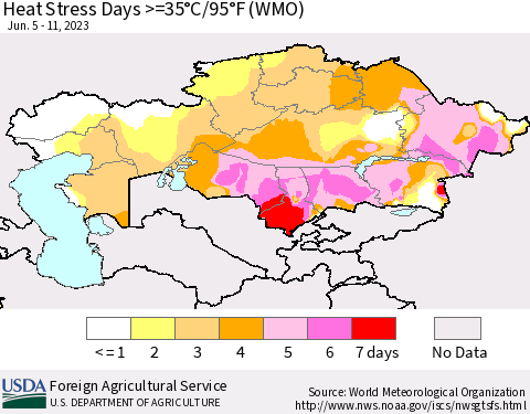 Kazakhstan Heat Stress Days >=35°C/95°F (WMO) Thematic Map For 6/5/2023 - 6/11/2023