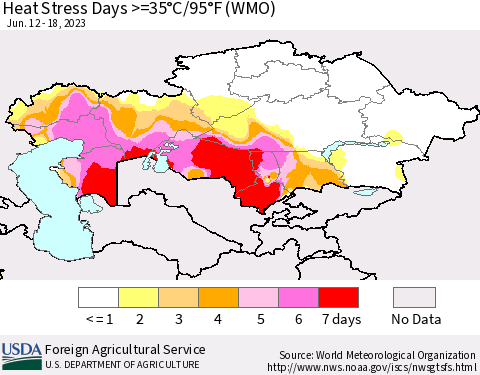 Kazakhstan Heat Stress Days >=35°C/95°F (WMO) Thematic Map For 6/12/2023 - 6/18/2023