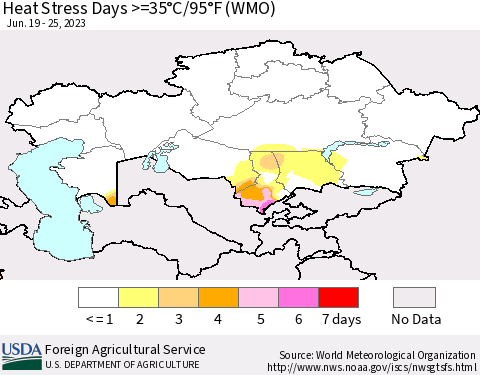 Kazakhstan Heat Stress Days >=35°C/95°F (WMO) Thematic Map For 6/19/2023 - 6/25/2023