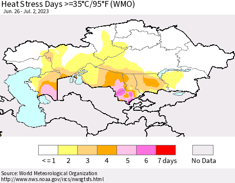 Kazakhstan Heat Stress Days >=35°C/95°F (WMO) Thematic Map For 6/26/2023 - 7/2/2023