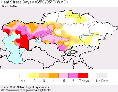 Kazakhstan Heat Stress Days >=35°C/95°F (WMO) Thematic Map For 7/3/2023 - 7/9/2023