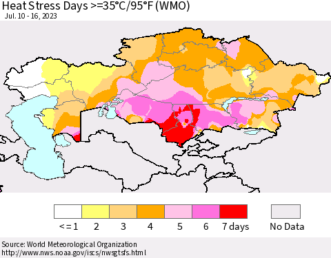 Kazakhstan Heat Stress Days >=35°C/95°F (WMO) Thematic Map For 7/10/2023 - 7/16/2023