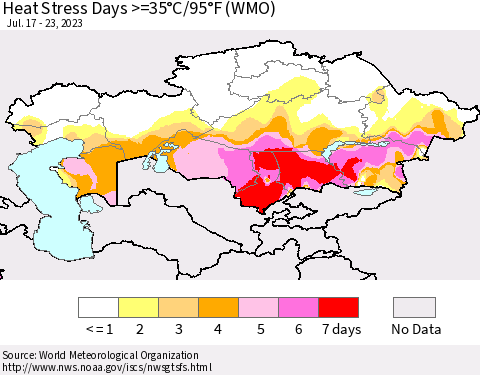 Kazakhstan Heat Stress Days >=35°C/95°F (WMO) Thematic Map For 7/17/2023 - 7/23/2023