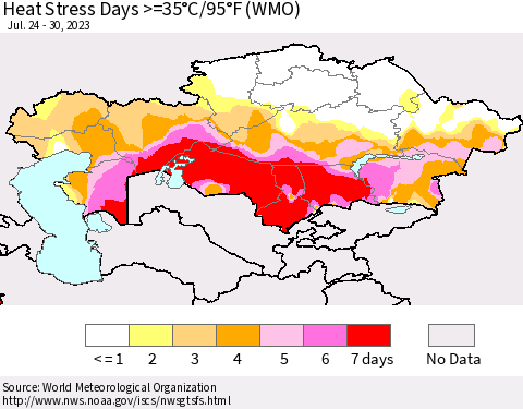 Kazakhstan Heat Stress Days >=35°C/95°F (WMO) Thematic Map For 7/24/2023 - 7/30/2023
