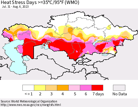 Kazakhstan Heat Stress Days >=35°C/95°F (WMO) Thematic Map For 7/31/2023 - 8/6/2023