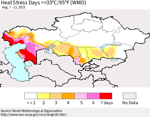 Kazakhstan Heat Stress Days >=35°C/95°F (WMO) Thematic Map For 8/7/2023 - 8/13/2023