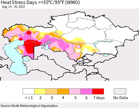 Kazakhstan Heat Stress Days >=35°C/95°F (WMO) Thematic Map For 8/14/2023 - 8/20/2023