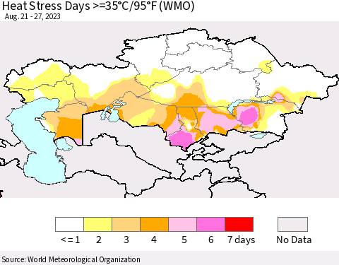 Kazakhstan Heat Stress Days >=35°C/95°F (WMO) Thematic Map For 8/21/2023 - 8/27/2023