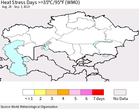 Kazakhstan Heat Stress Days >=35°C/95°F (WMO) Thematic Map For 8/28/2023 - 9/3/2023