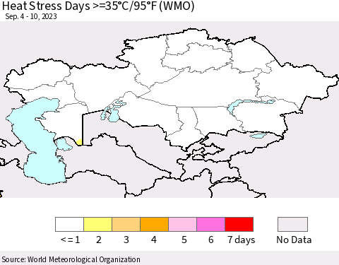 Kazakhstan Heat Stress Days >=35°C/95°F (WMO) Thematic Map For 9/4/2023 - 9/10/2023
