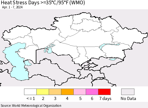 Kazakhstan Heat Stress Days >=35°C/95°F (WMO) Thematic Map For 4/1/2024 - 4/7/2024