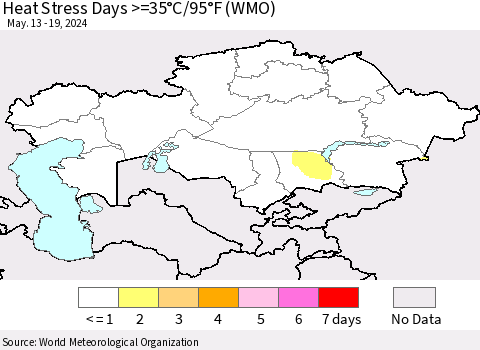 Kazakhstan Heat Stress Days >=35°C/95°F (WMO) Thematic Map For 5/13/2024 - 5/19/2024