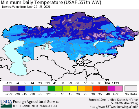 Kazakhstan Minimum Daily Temperature (USAF 557th WW) Thematic Map For 11/22/2021 - 11/28/2021