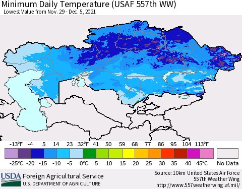Kazakhstan Minimum Daily Temperature (USAF 557th WW) Thematic Map For 11/29/2021 - 12/5/2021