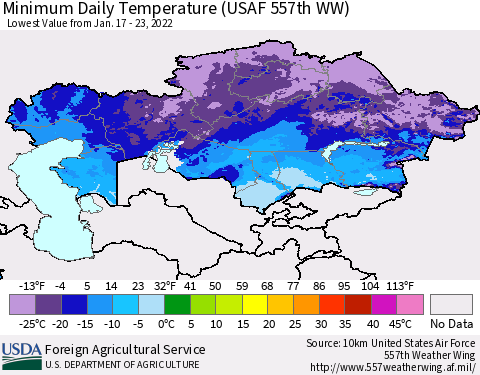 Kazakhstan Minimum Daily Temperature (USAF 557th WW) Thematic Map For 1/17/2022 - 1/23/2022