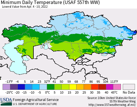 Kazakhstan Minimum Daily Temperature (USAF 557th WW) Thematic Map For 4/4/2022 - 4/10/2022