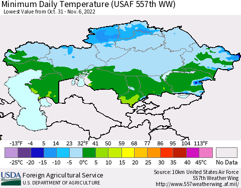 Kazakhstan Minimum Daily Temperature (USAF 557th WW) Thematic Map For 10/31/2022 - 11/6/2022