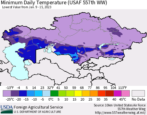 Kazakhstan Minimum Daily Temperature (USAF 557th WW) Thematic Map For 1/9/2023 - 1/15/2023