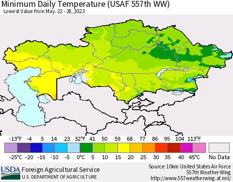 Kazakhstan Minimum Daily Temperature (USAF 557th WW) Thematic Map For 5/22/2023 - 5/28/2023