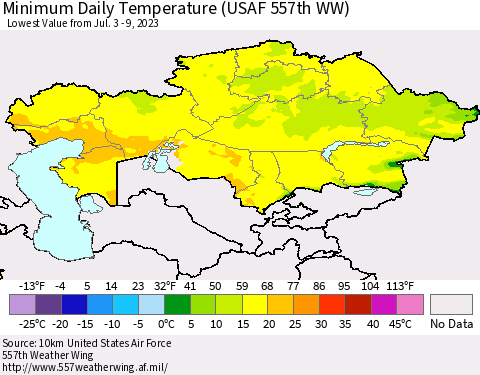 Kazakhstan Minimum Daily Temperature (USAF 557th WW) Thematic Map For 7/3/2023 - 7/9/2023