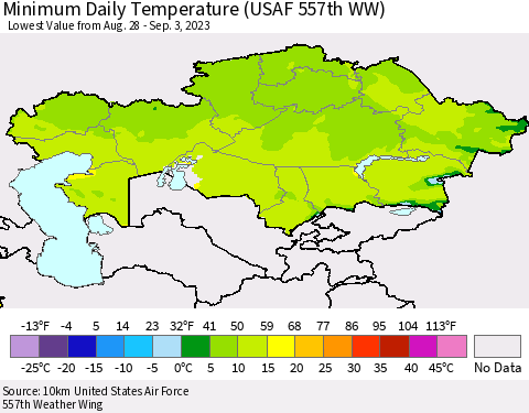 Kazakhstan Minimum Daily Temperature (USAF 557th WW) Thematic Map For 8/28/2023 - 9/3/2023