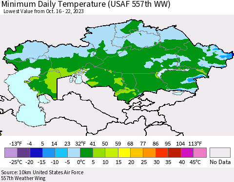 Kazakhstan Minimum Daily Temperature (USAF 557th WW) Thematic Map For 10/16/2023 - 10/22/2023