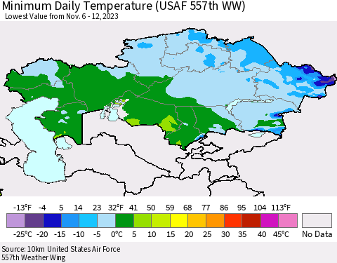 Kazakhstan Minimum Daily Temperature (USAF 557th WW) Thematic Map For 11/6/2023 - 11/12/2023