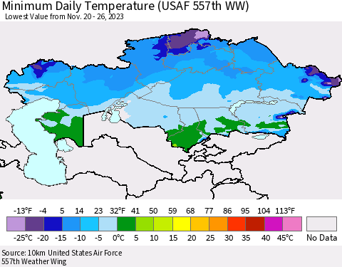 Kazakhstan Minimum Daily Temperature (USAF 557th WW) Thematic Map For 11/20/2023 - 11/26/2023