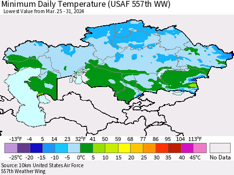 Kazakhstan Minimum Daily Temperature (USAF 557th WW) Thematic Map For 3/25/2024 - 3/31/2024