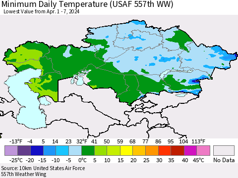 Kazakhstan Minimum Daily Temperature (USAF 557th WW) Thematic Map For 4/1/2024 - 4/7/2024