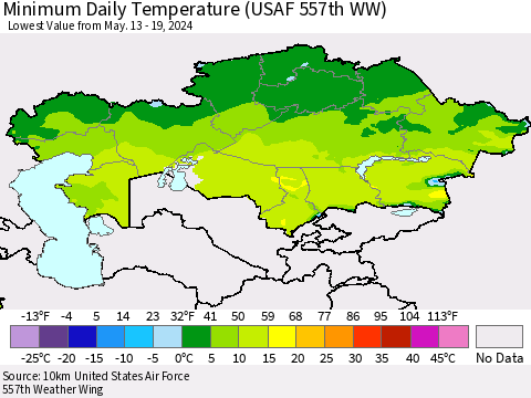 Kazakhstan Minimum Daily Temperature (USAF 557th WW) Thematic Map For 5/13/2024 - 5/19/2024