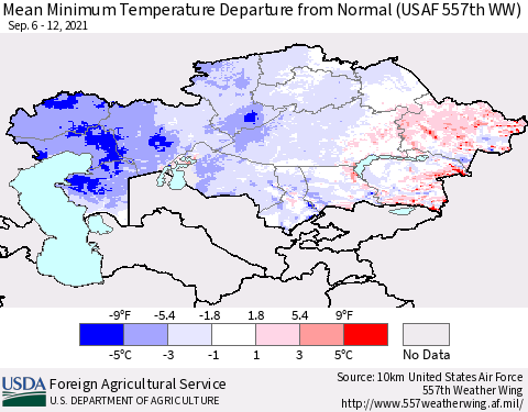 Kazakhstan Mean Minimum Temperature Departure from Normal (USAF 557th WW) Thematic Map For 9/6/2021 - 9/12/2021