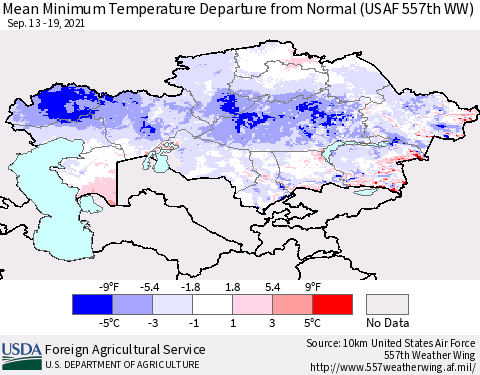 Kazakhstan Mean Minimum Temperature Departure from Normal (USAF 557th WW) Thematic Map For 9/13/2021 - 9/19/2021