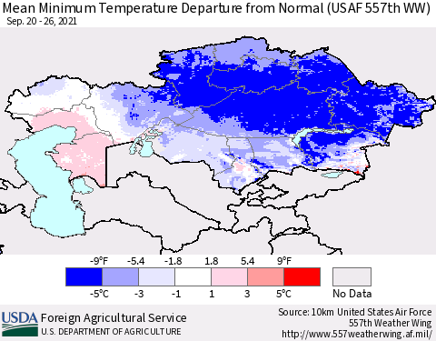 Kazakhstan Mean Minimum Temperature Departure from Normal (USAF 557th WW) Thematic Map For 9/20/2021 - 9/26/2021