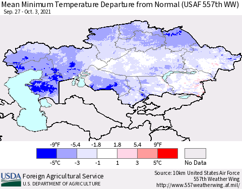 Kazakhstan Mean Minimum Temperature Departure from Normal (USAF 557th WW) Thematic Map For 9/27/2021 - 10/3/2021