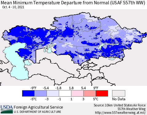 Kazakhstan Mean Minimum Temperature Departure from Normal (USAF 557th WW) Thematic Map For 10/4/2021 - 10/10/2021