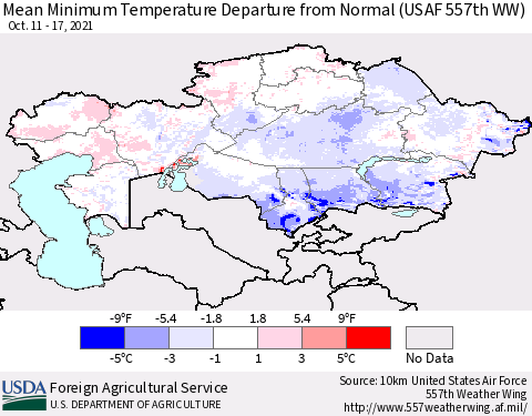Kazakhstan Mean Minimum Temperature Departure from Normal (USAF 557th WW) Thematic Map For 10/11/2021 - 10/17/2021
