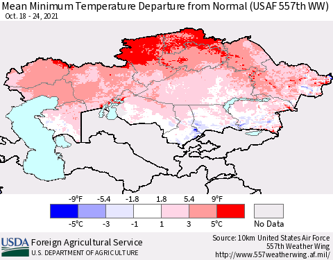 Kazakhstan Mean Minimum Temperature Departure from Normal (USAF 557th WW) Thematic Map For 10/18/2021 - 10/24/2021