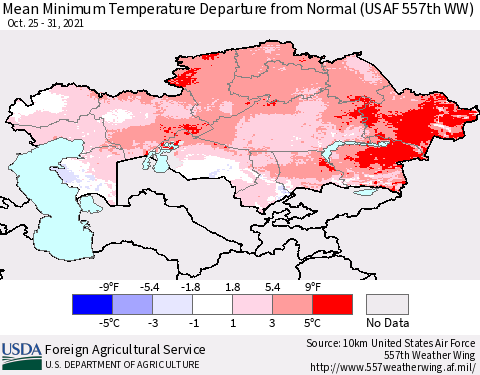 Kazakhstan Mean Minimum Temperature Departure from Normal (USAF 557th WW) Thematic Map For 10/25/2021 - 10/31/2021