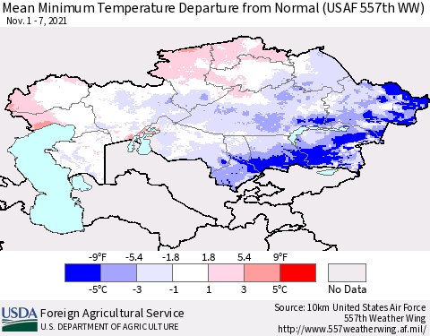 Kazakhstan Mean Minimum Temperature Departure from Normal (USAF 557th WW) Thematic Map For 11/1/2021 - 11/7/2021