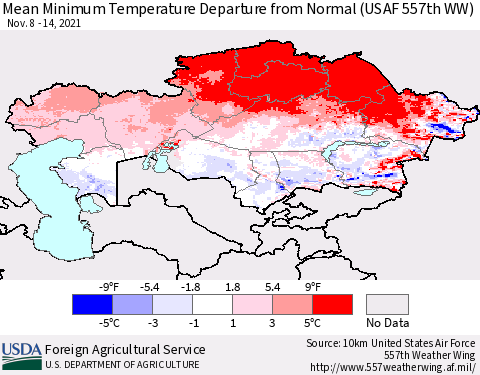 Kazakhstan Mean Minimum Temperature Departure from Normal (USAF 557th WW) Thematic Map For 11/8/2021 - 11/14/2021