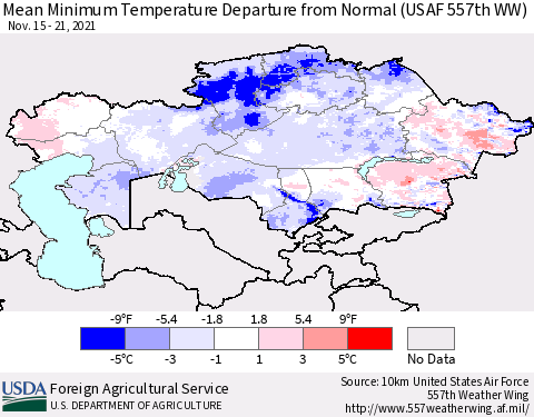 Kazakhstan Mean Minimum Temperature Departure from Normal (USAF 557th WW) Thematic Map For 11/15/2021 - 11/21/2021