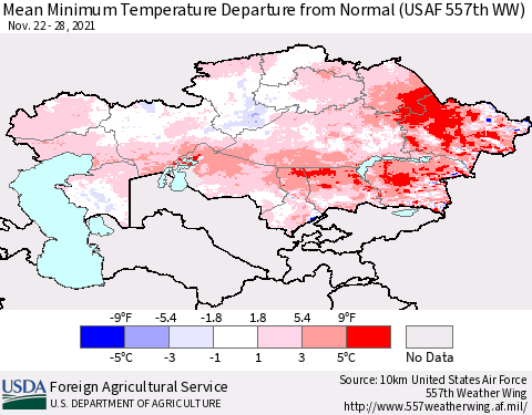 Kazakhstan Mean Minimum Temperature Departure from Normal (USAF 557th WW) Thematic Map For 11/22/2021 - 11/28/2021