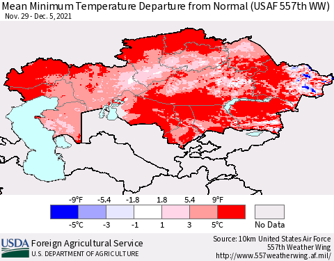 Kazakhstan Mean Minimum Temperature Departure from Normal (USAF 557th WW) Thematic Map For 11/29/2021 - 12/5/2021