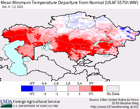 Kazakhstan Mean Minimum Temperature Departure from Normal (USAF 557th WW) Thematic Map For 12/6/2021 - 12/12/2021