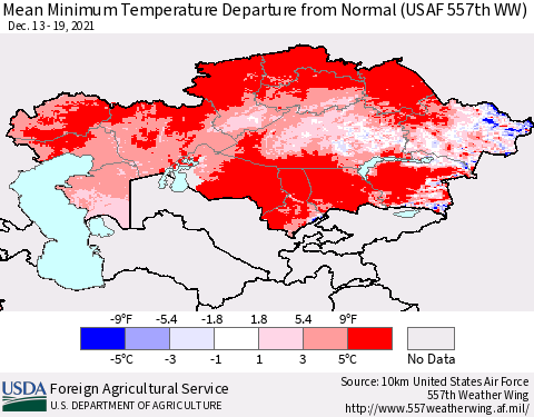 Kazakhstan Mean Minimum Temperature Departure from Normal (USAF 557th WW) Thematic Map For 12/13/2021 - 12/19/2021
