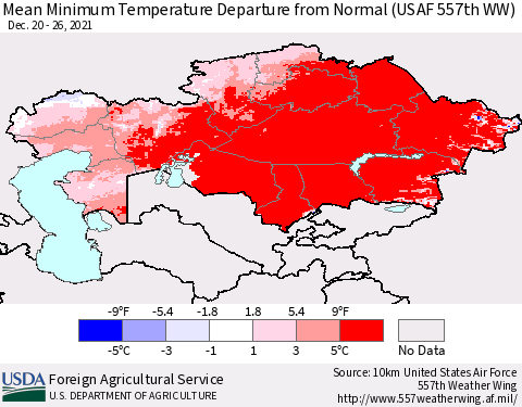 Kazakhstan Mean Minimum Temperature Departure from Normal (USAF 557th WW) Thematic Map For 12/20/2021 - 12/26/2021