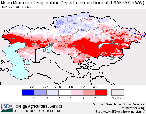Kazakhstan Mean Minimum Temperature Departure from Normal (USAF 557th WW) Thematic Map For 12/27/2021 - 1/2/2022