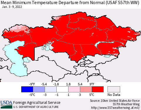 Kazakhstan Mean Minimum Temperature Departure from Normal (USAF 557th WW) Thematic Map For 1/3/2022 - 1/9/2022